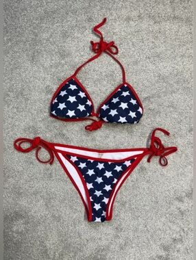 Navy Star Print Bikini with Red Trim
